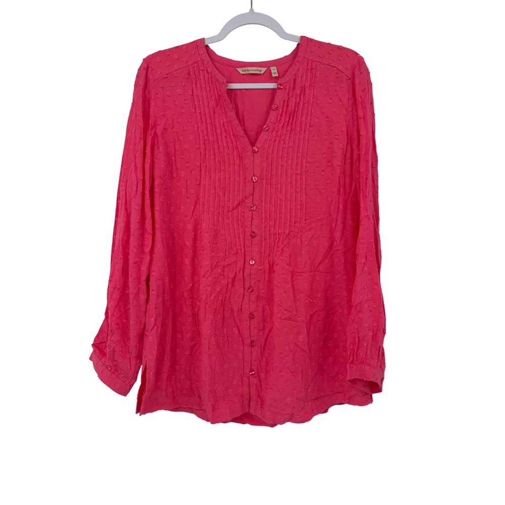 Soft Surroundings Pink Clip Dot Pintuck Button Front Blouse Top Medium 2GU48